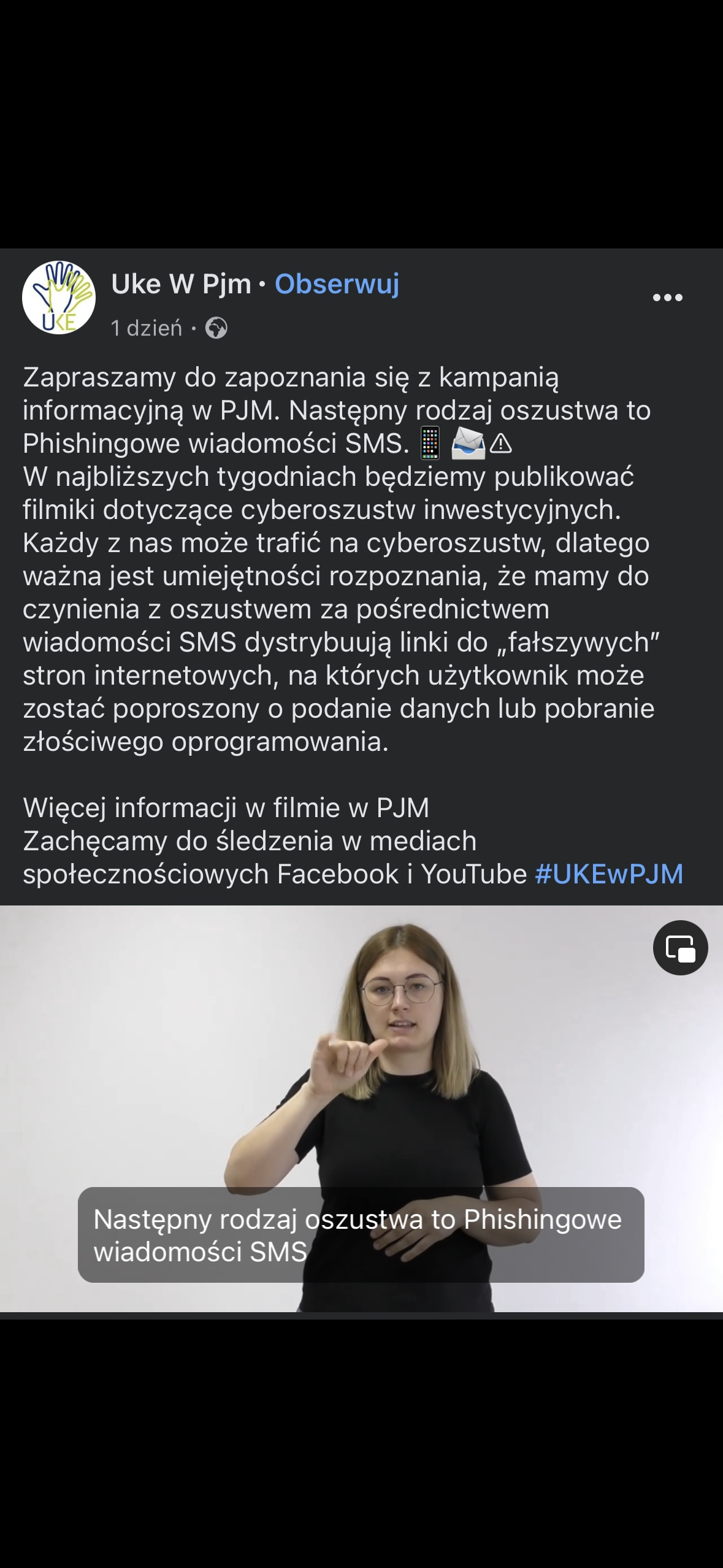 Następny rodzaj oszustwa to Phishingowe wiadomości SMS - kampania informacyjna